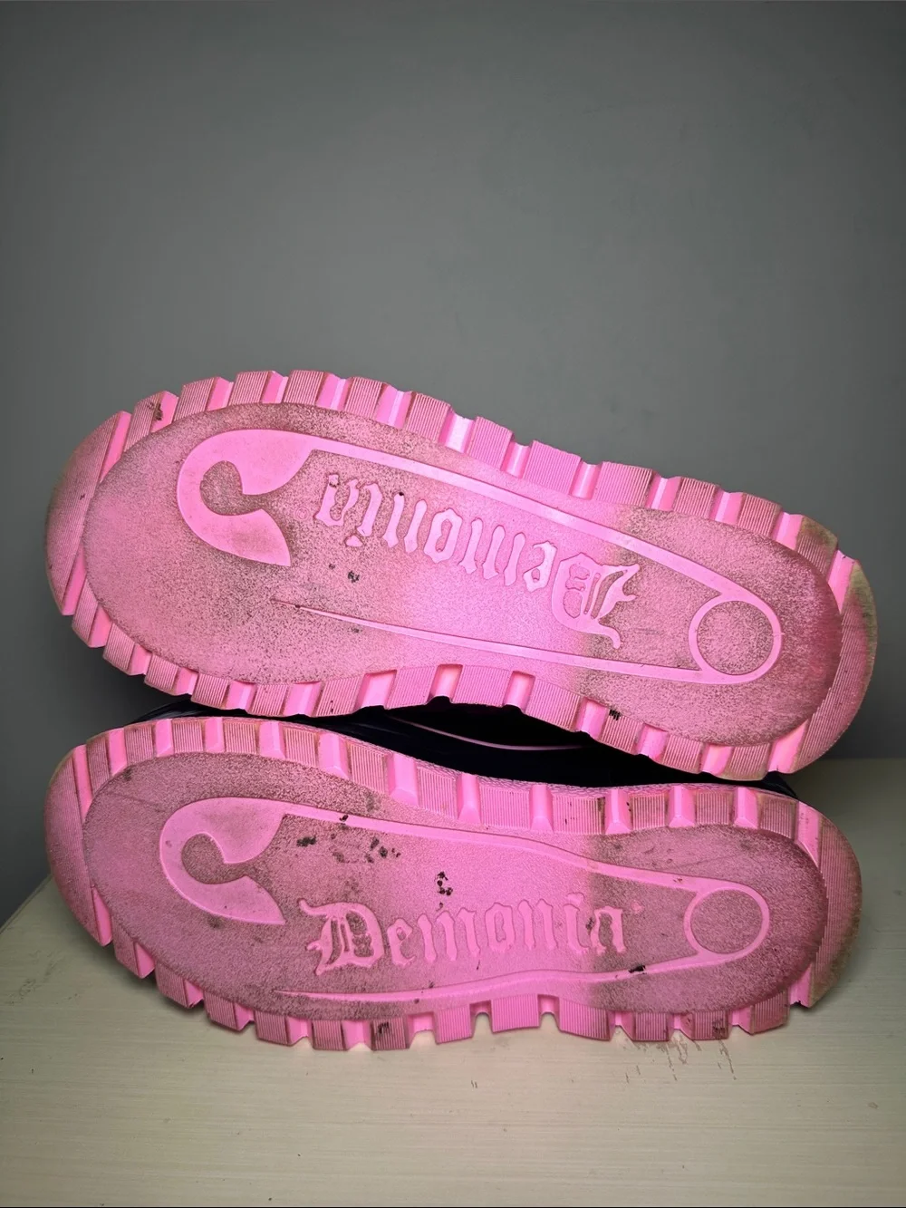 Demonia Slacker-52 Black Patent Platform Boot with Hot Pink Accents